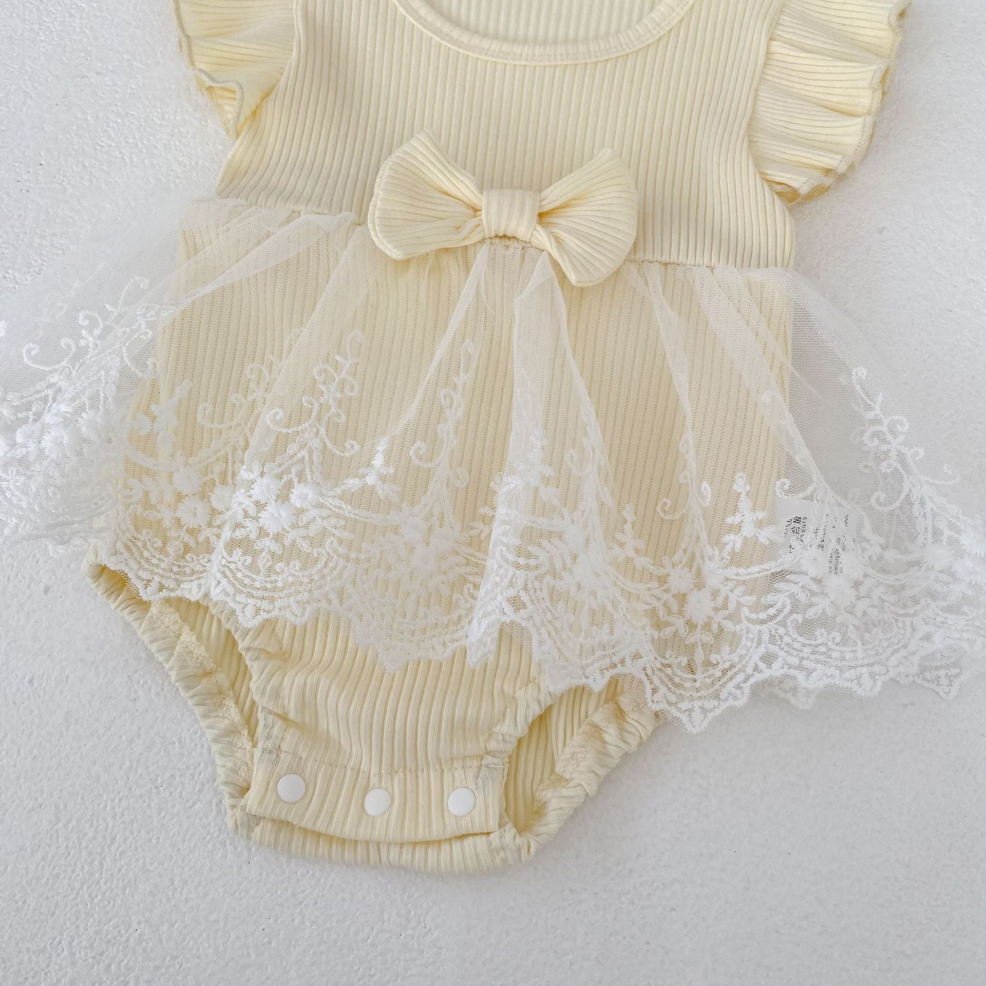 Ribbed Bow Tulle Romper レース フリル袖 ロンパース【mh0012493】 Engepapa 半袖ロンパース