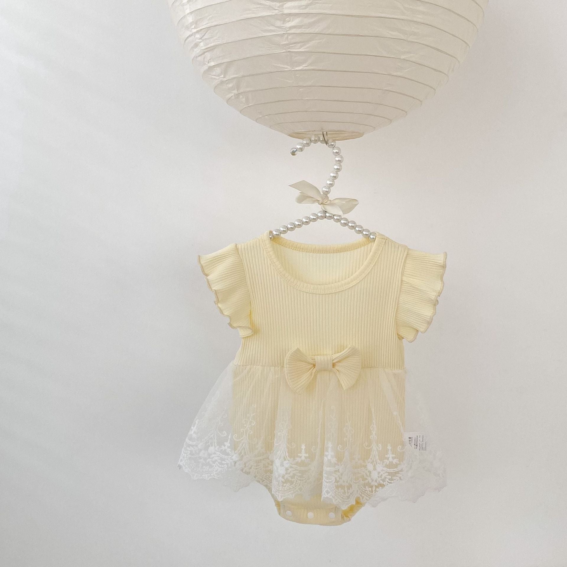 Ribbed Bow Tulle Romper レース フリル袖 ロンパース【mh0012493】 Engepapa 半袖ロンパース