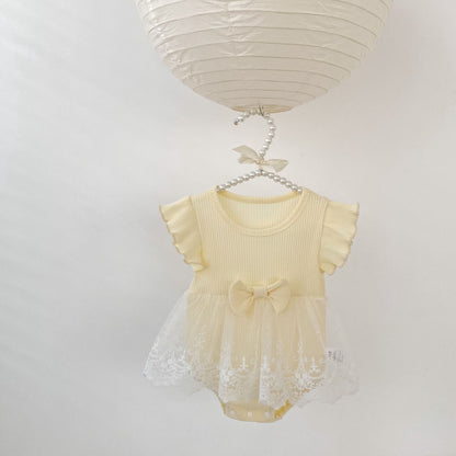 Ribbed Bow Tulle Romper レース フリル袖 ロンパース【mh0012493】 Engepapa 半袖ロンパース