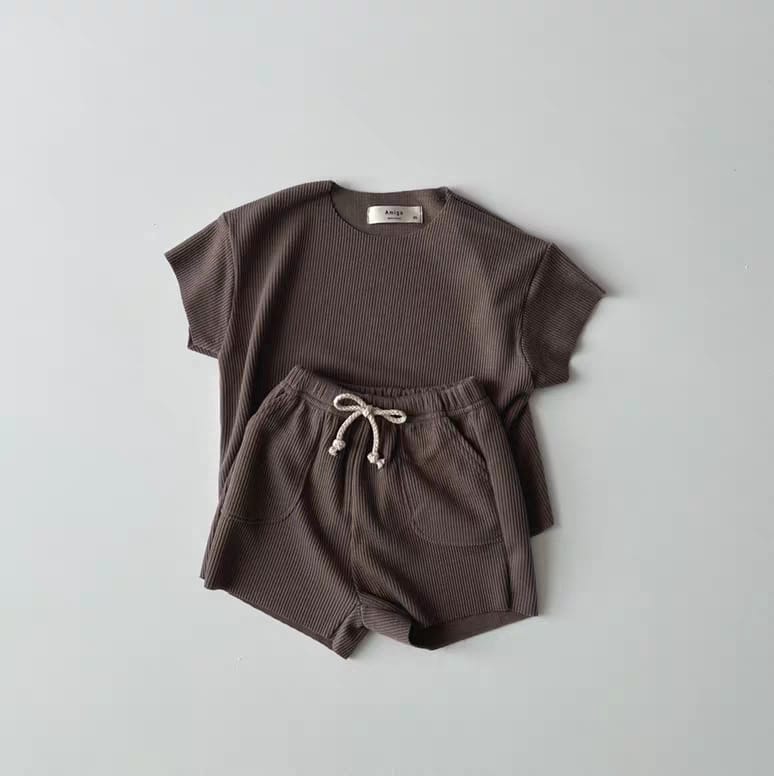 Ribbed Breathable Loungewear 無地 半袖Tシャツ ショートパンツセット【mh0012905】 Brown / 73cm yi nian ni 半袖セットアップ