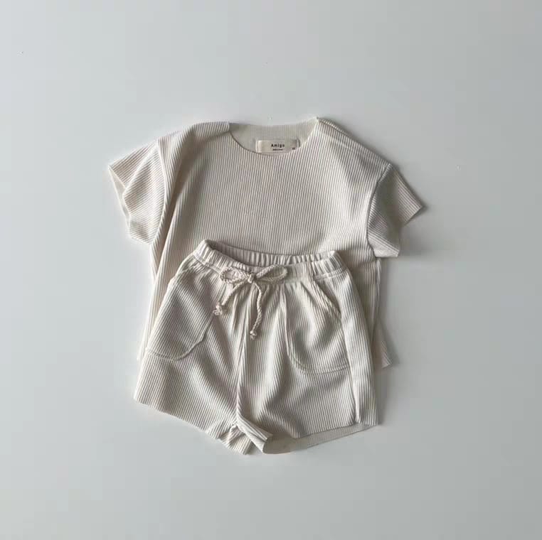 Ribbed Breathable Loungewear 無地 半袖Tシャツ ショートパンツセット【mh0012905】 Creamy White / 73cm yi nian ni 半袖セットアップ