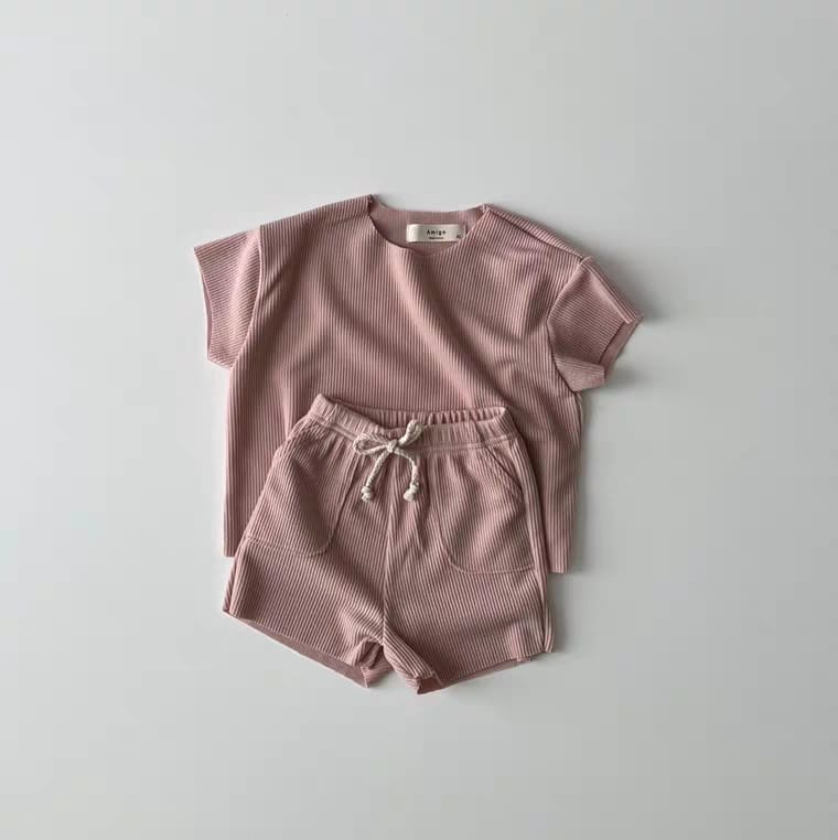 Ribbed Breathable Loungewear 無地 半袖Tシャツ ショートパンツセット【mh0012905】 Dark Pink / 73cm yi nian ni 半袖セットアップ