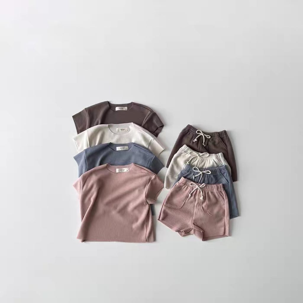 Ribbed Breathable Loungewear 無地 半袖Tシャツ ショートパンツセット【mh0012905】 yi nian ni 半袖セットアップ