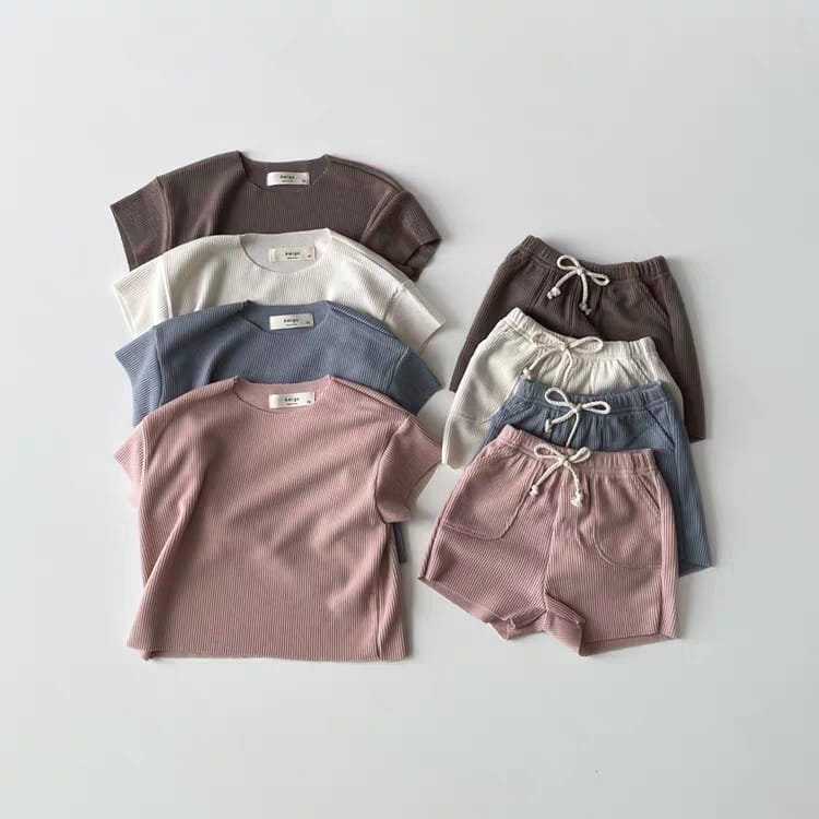 Ribbed Breathable Loungewear 無地 半袖Tシャツ ショートパンツセット【mh0012905】 yi nian ni 半袖セットアップ