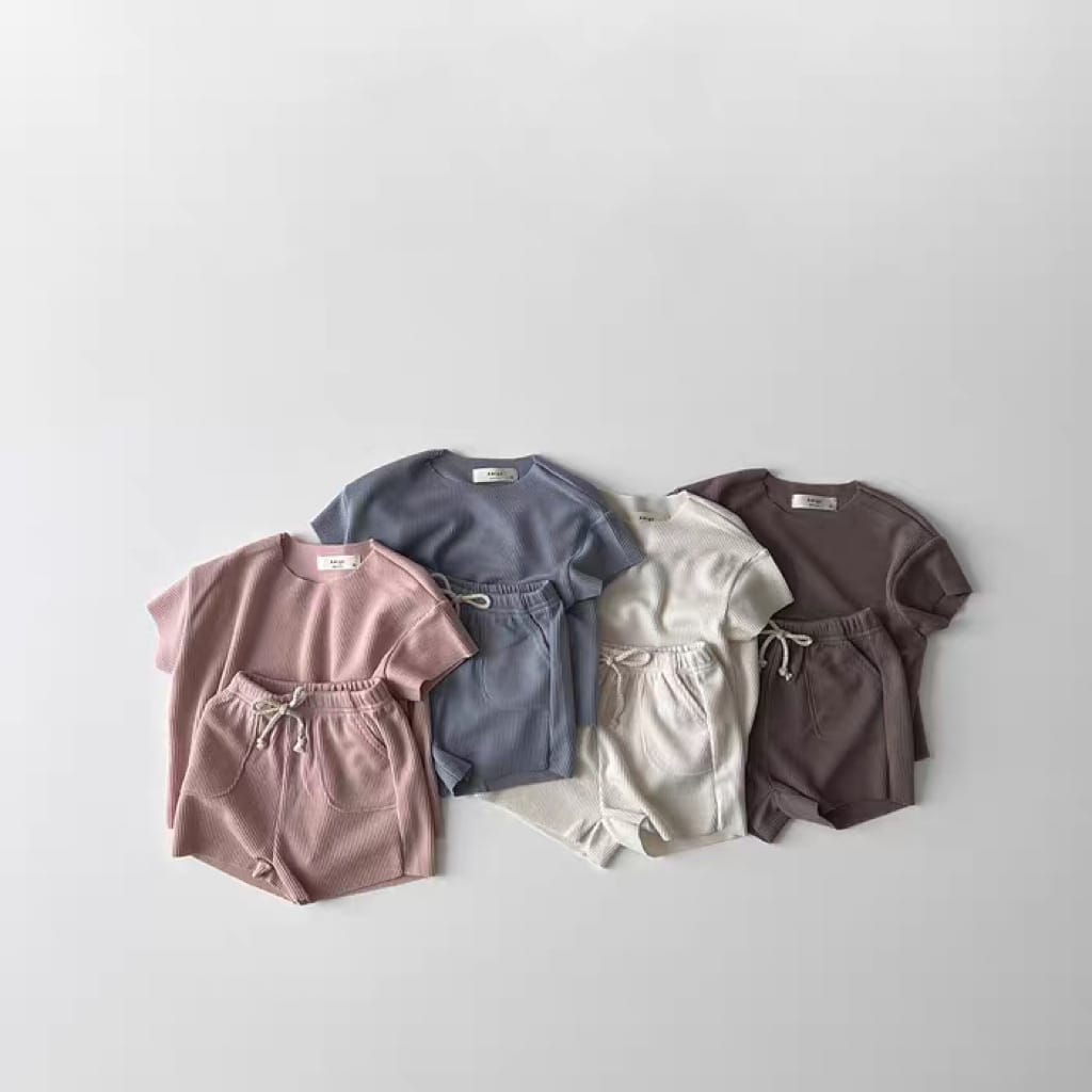 Ribbed Breathable Loungewear 無地 半袖Tシャツ ショートパンツセット【mh0012905】 yi nian ni 半袖セットアップ