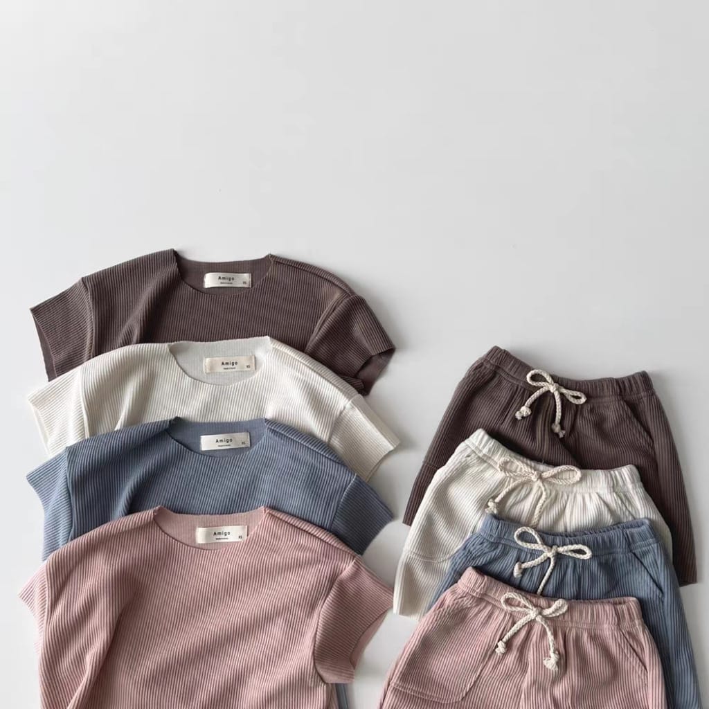 Ribbed Breathable Loungewear 無地 半袖Tシャツ ショートパンツセット【mh0012905】 yi nian ni 半袖セットアップ