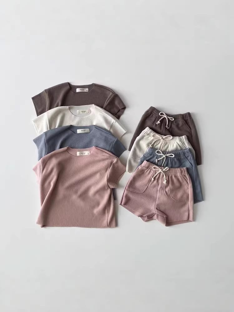 Ribbed Breathable Loungewear 無地 半袖Tシャツ ショートパンツセット【mh0012905】 yi nian ni 半袖セットアップ