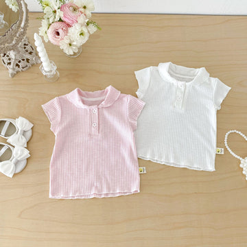 Ribbed Lapel Collar Puff Sleeve Polo Top メロウ 半袖ポロシャツ【mh0013431】 angou 半袖シャツ・ブラウス