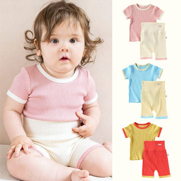 Ribbed Short Sleeve Set リブ 半袖Tシャツ ハーフパンツ【mh0013034】 Beitaoya 半袖セットアップ