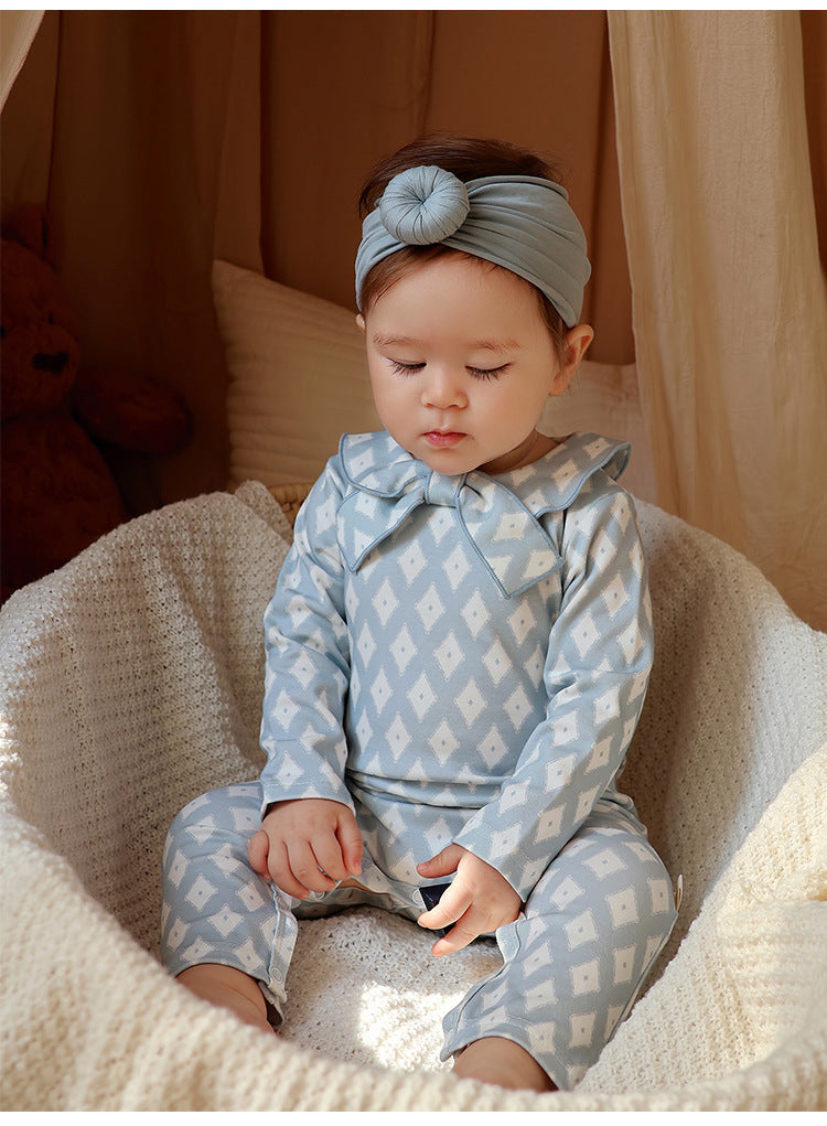 Ribbon Collar Printed Romper リボン襟 長袖ロンパース【mh0012347】 Beitaoya