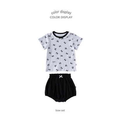 子ども用リボン柄Tシャツ＆ブルマセット：グレーTシャツと黒ブルマのセット
