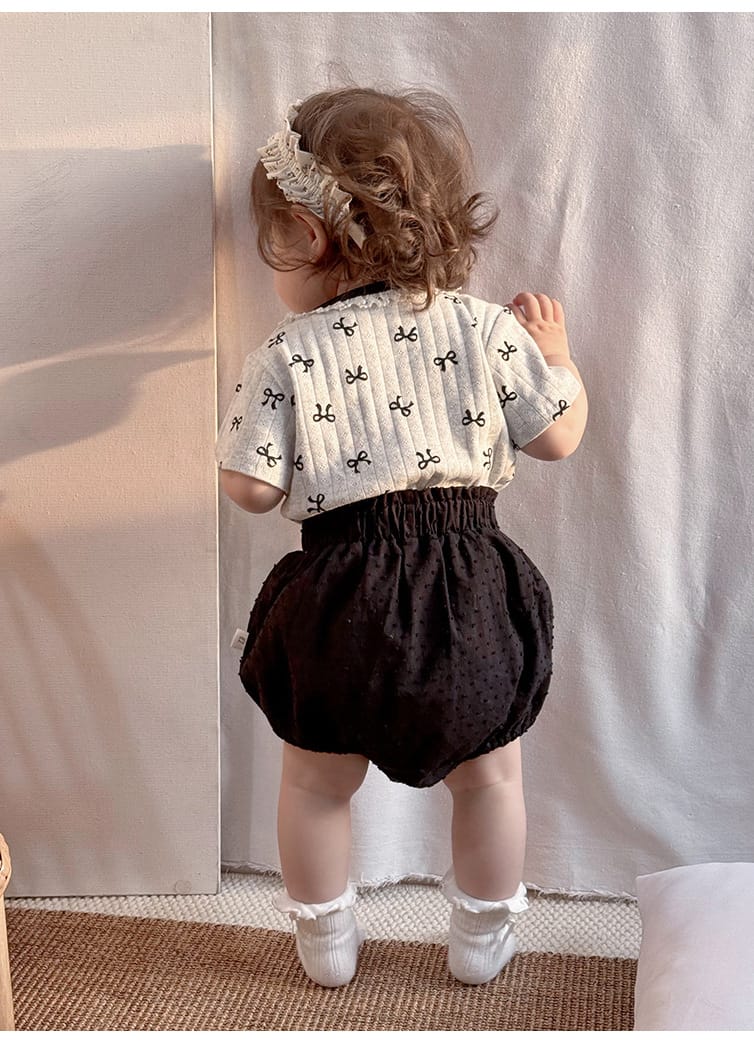 Ribbon Print Ruffle Neck Tee and Bloomer Set リボン 半袖Tシャツ ショートパンツ セット【mh0013599】 Beitaoya 半袖セットアップ