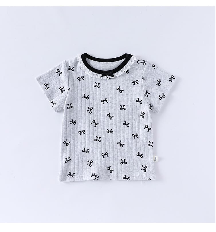 Ribbon Print Ruffle Neck Tee and Bloomer Set リボン 半袖Tシャツ ショートパンツ セット【mh0013599】 Beitaoya 半袖セットアップ