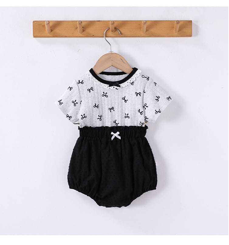 Ribbon Print Ruffle Neck Tee and Bloomer Set リボン 半袖Tシャツ ショートパンツ セット【mh0013599】 Beitaoya 半袖セットアップ