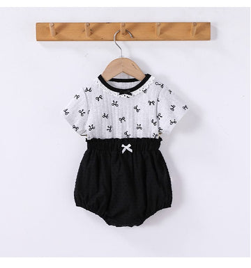 Ribbon Print Ruffle Neck Tee and Bloomer Set リボン 半袖Tシャツ ショートパンツ セット【mh0013599】 Beitaoya 半袖セットアップ