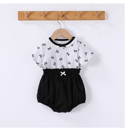 子ども用リボン柄Tシャツ＆ブルマセット：グレーTシャツ＋黒のバルーン風ブルマ