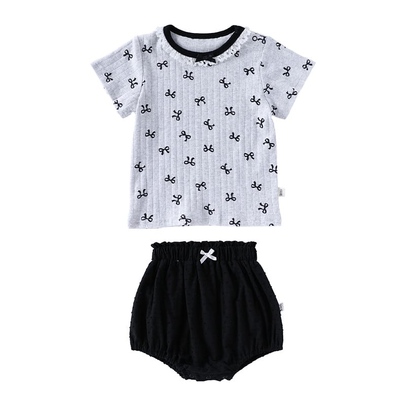 Ribbon Print Ruffle Neck Tee and Bloomer Set リボン 半袖Tシャツ ショートパンツ セット【mh0013599】 Black / 73cm Beitaoya 半袖セットアップ