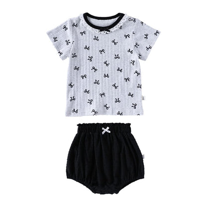 子ども用リボン柄Tシャツ＆ブルマセット：グレー半袖＋黒ブルマの上下セット
