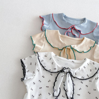 Ribbon Scalloped Collar Set-up リボン柄 セーラー襟 半袖セットアップ【mh0012703】 angou 半袖セットアップ
