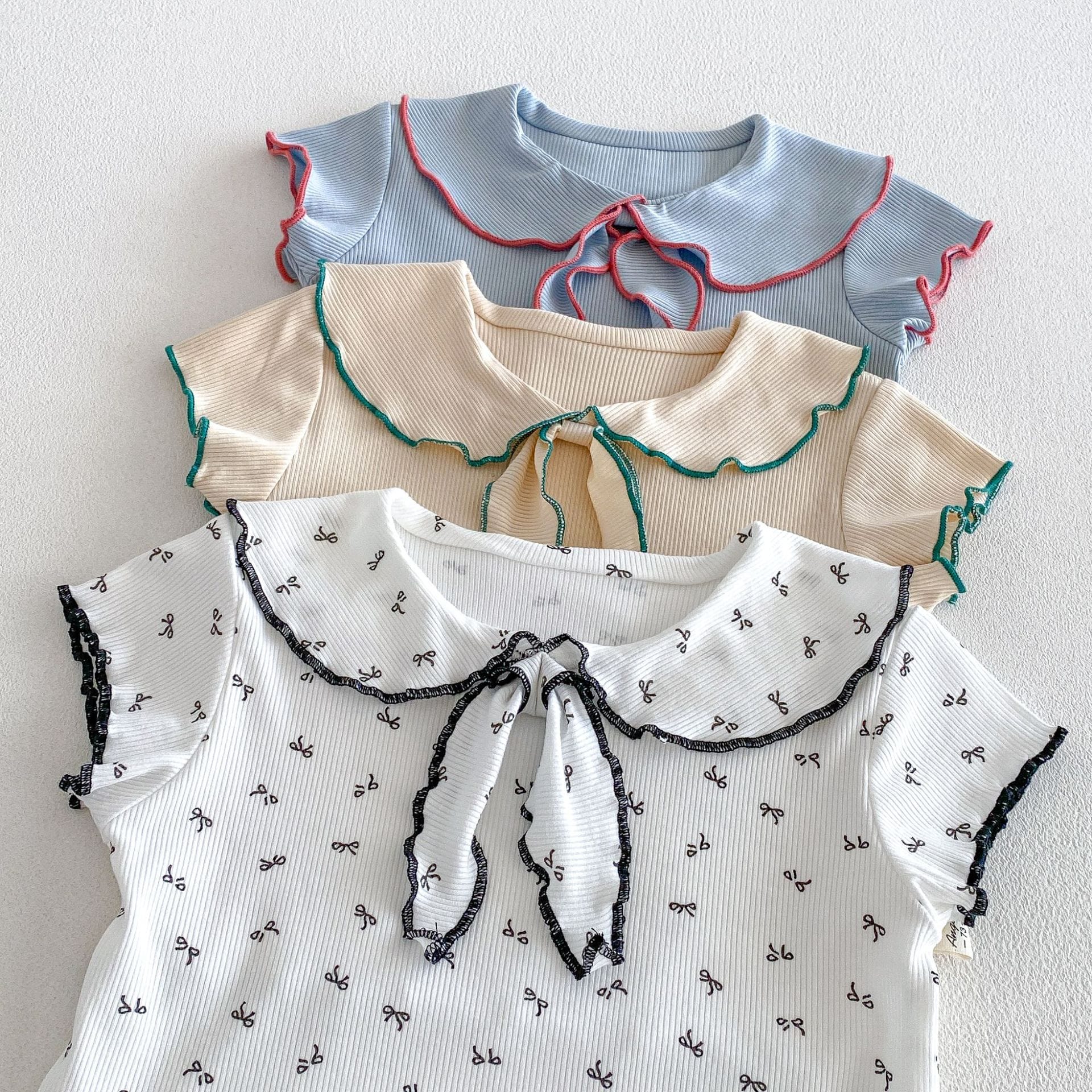 Ribbon Scalloped Collar Set-up リボン柄 セーラー襟 半袖セットアップ【mh0012703】 angou 半袖セットアップ