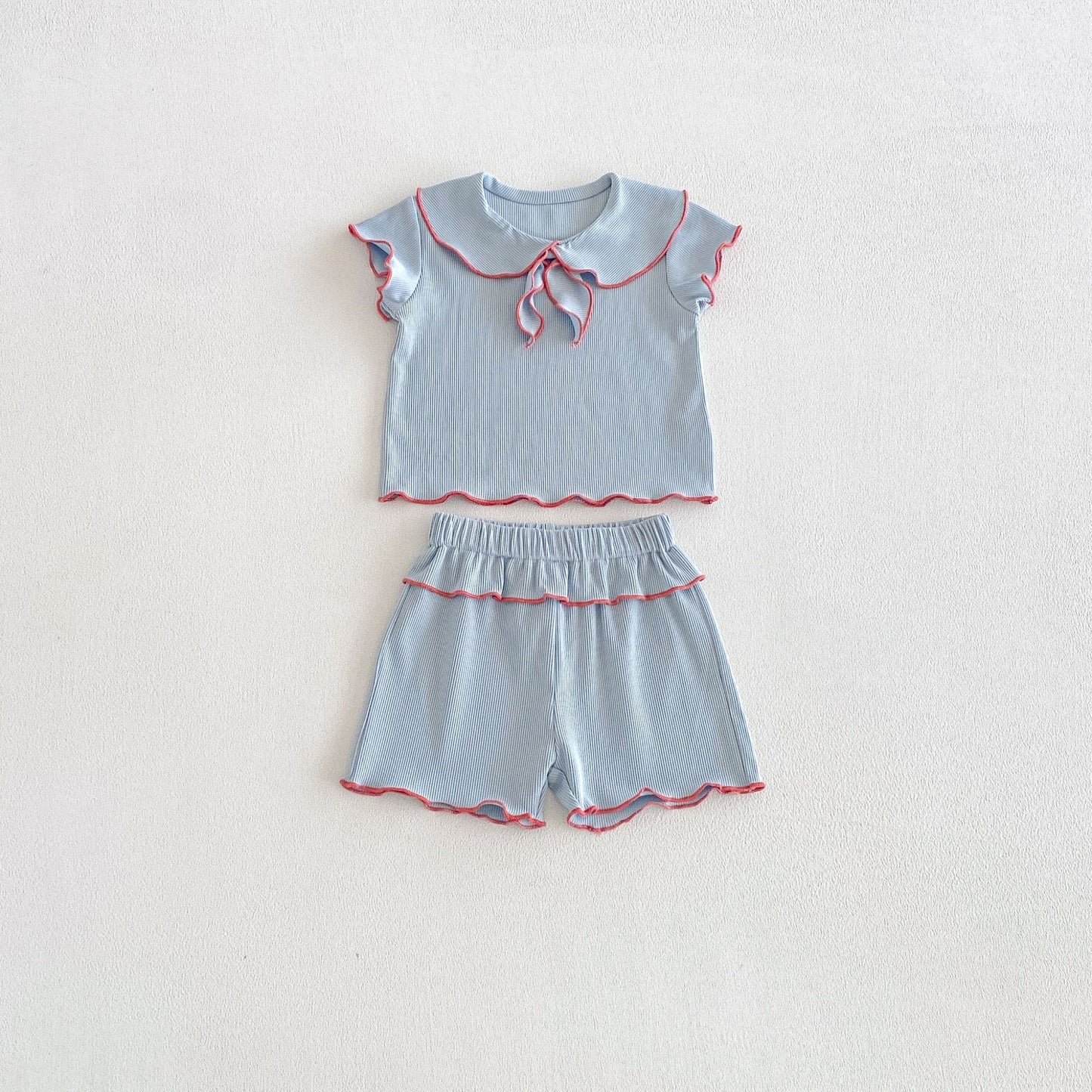 Ribbon Scalloped Collar Set-up リボン柄 セーラー襟 半袖セットアップ【mh0012703】 angou 半袖セットアップ