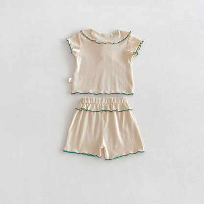 Ribbon Scalloped Collar Set-up リボン柄 セーラー襟 半袖セットアップ【mh0012703】 angou 半袖セットアップ