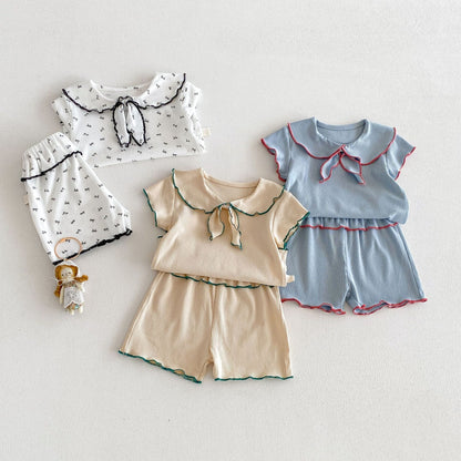 Ribbon Scalloped Collar Set-up リボン柄 セーラー襟 半袖セットアップ【mh0012703】 angou 半袖セットアップ
