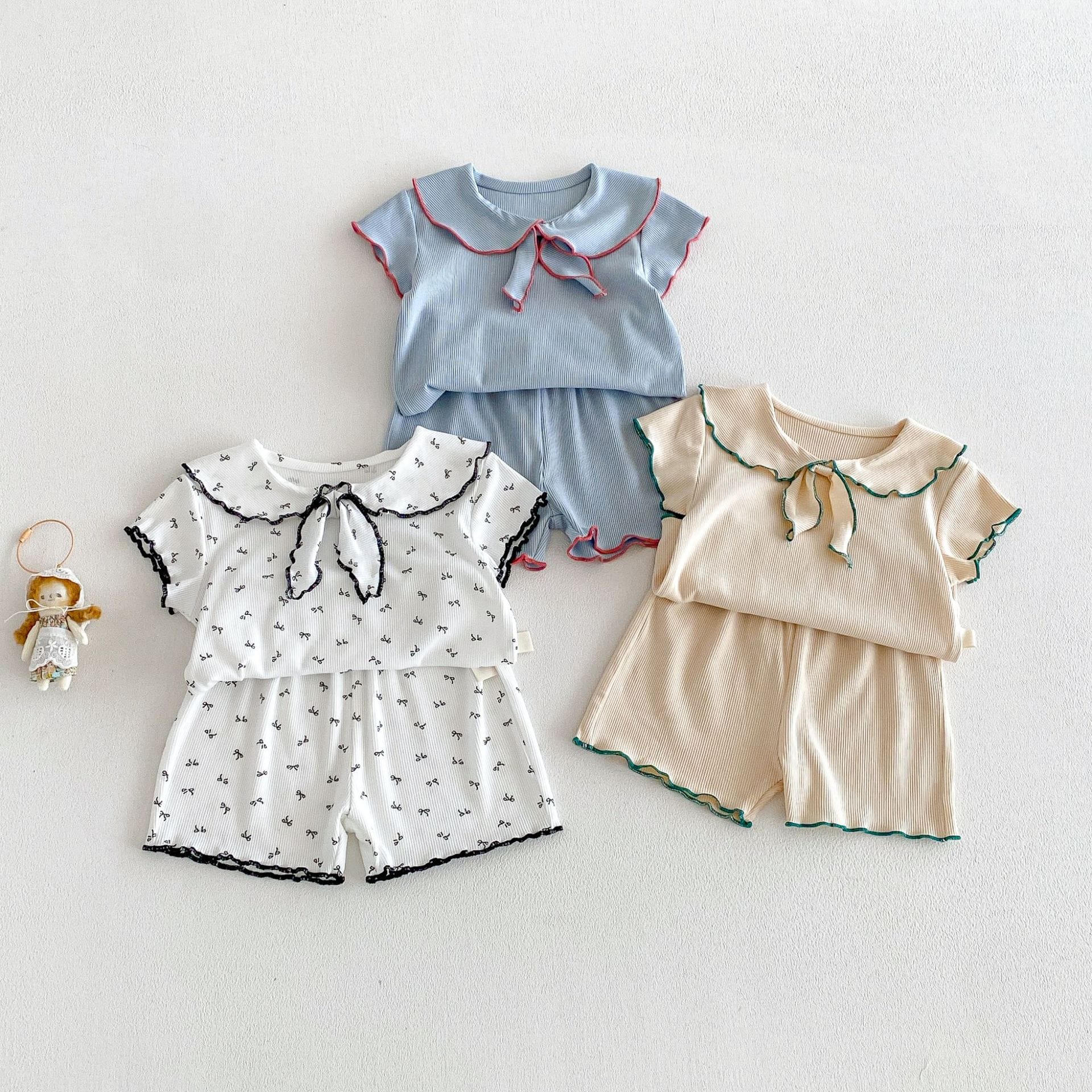 Ribbon Scalloped Collar Set-up リボン柄 セーラー襟 半袖セットアップ【mh0012703】 angou 半袖セットアップ