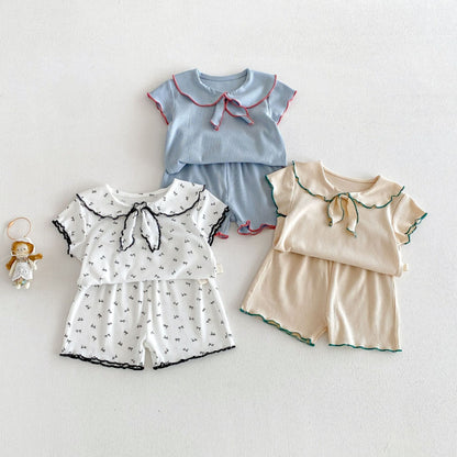 Ribbon Scalloped Collar Set-up リボン柄 セーラー襟 半袖セットアップ【mh0012703】 angou 半袖セットアップ