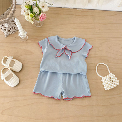Ribbon Scalloped Collar Set-up リボン柄 セーラー襟 半袖セットアップ【mh0012703】 angou 半袖セットアップ