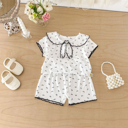 Ribbon Scalloped Collar Set-up リボン柄 セーラー襟 半袖セットアップ【mh0012703】 angou 半袖セットアップ