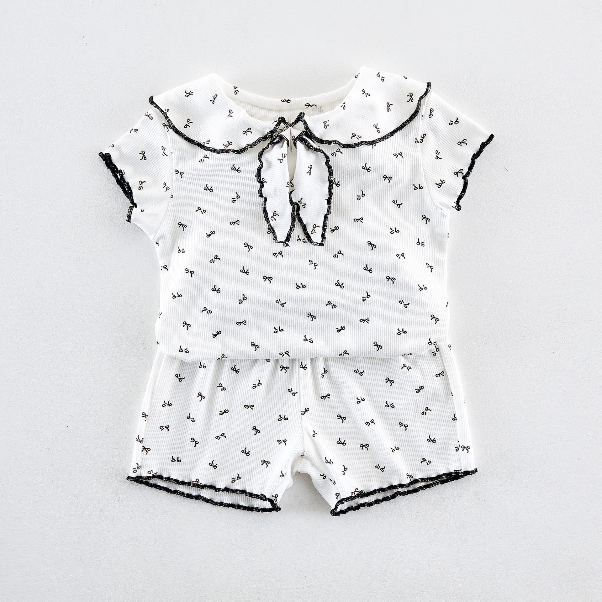 Ribbon Scalloped Collar Set-up リボン柄 セーラー襟 半袖セットアップ【mh0012703】 angou 半袖セットアップ
