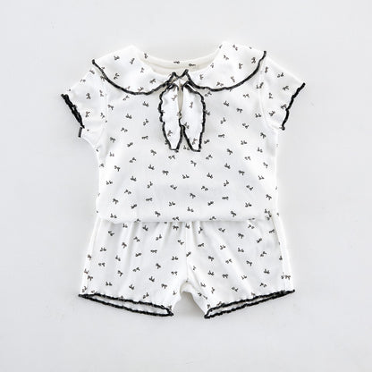 Ribbon Scalloped Collar Set-up リボン柄 セーラー襟 半袖セットアップ【mh0012703】 angou 半袖セットアップ