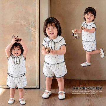 Ribbon Scalloped Collar Set-up リボン柄 セーラー襟 半袖セットアップ【mh0012703】 angou 半袖セットアップ