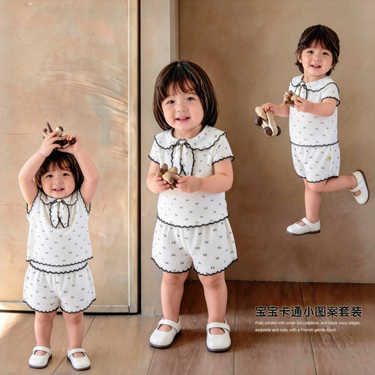 Ribbon Scalloped Collar Set-up リボン柄 セーラー襟 半袖セットアップ【mh0012703】 angou 半袖セットアップ