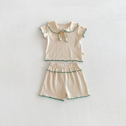Ribbon Scalloped Collar Set-up リボン柄 セーラー襟 半袖セットアップ【mh0012703】 Light Apricot / 66cm angou 半袖セットアップ