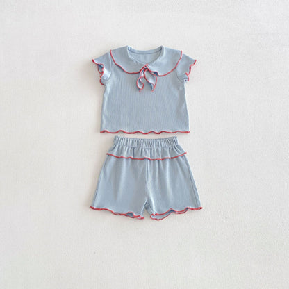 Ribbon Scalloped Collar Set-up リボン柄 セーラー襟 半袖セットアップ【mh0012703】 Light Blue / 66cm angou 半袖セットアップ