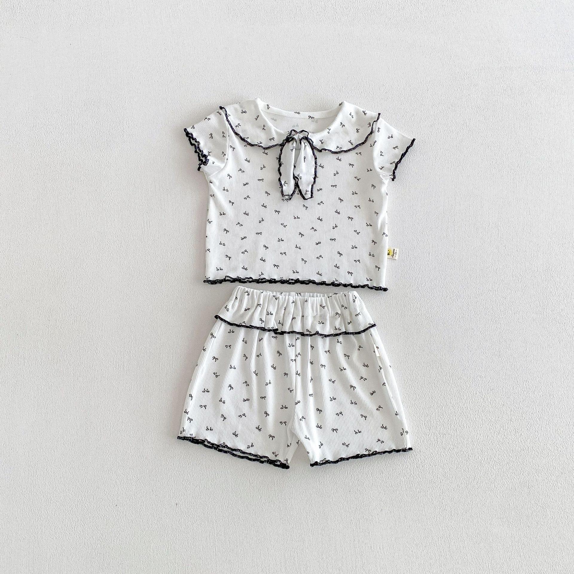 Ribbon Scalloped Collar Set-up リボン柄 セーラー襟 半袖セットアップ【mh0012703】 White / 66cm angou 半袖セットアップ