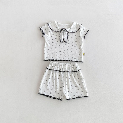 Ribbon Scalloped Collar Set-up リボン柄 セーラー襟 半袖セットアップ【mh0012703】 White / 66cm angou 半袖セットアップ