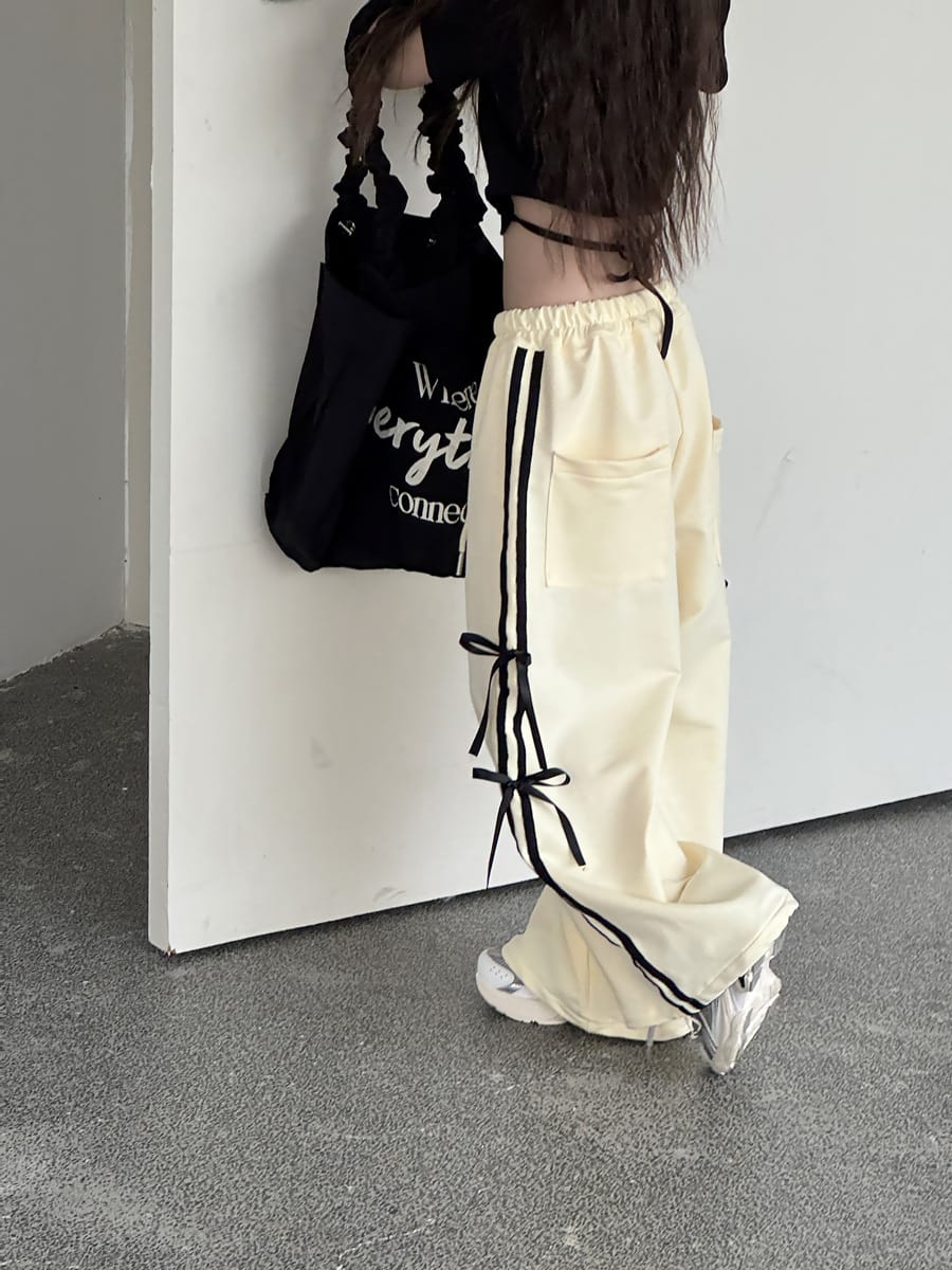 Ribbon Side Stripe Wide Pants サイドリボン ワイドパンツ【mh0013068】 Cream / 100cm mamahalo kids ロングパンツ・スウェットパンツ