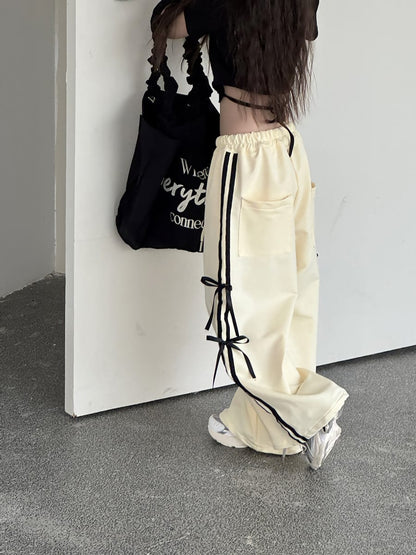 Ribbon Side Stripe Wide Pants サイドリボン ワイドパンツ【mh0013068】 Cream / 100cm mamahalo kids ロングパンツ・スウェットパンツ