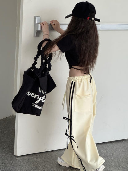Ribbon Side Stripe Wide Pants サイドリボン ワイドパンツ【mh0013068】 mamahalo kids ロングパンツ・スウェットパンツ