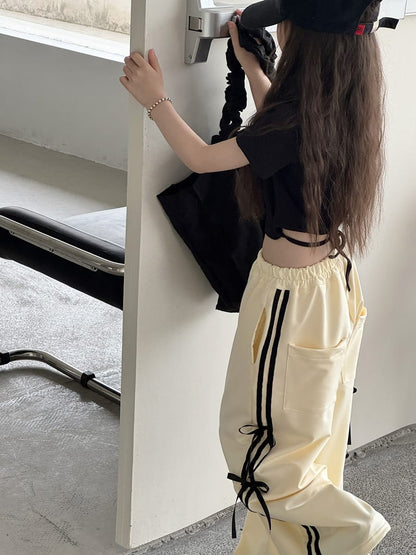 Ribbon Side Stripe Wide Pants サイドリボン ワイドパンツ【mh0013068】 mamahalo kids ロングパンツ・スウェットパンツ