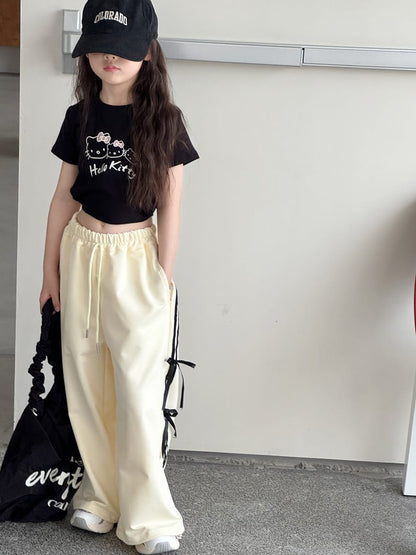 Ribbon Side Stripe Wide Pants サイドリボン ワイドパンツ【mh0013068】 mamahalo kids ロングパンツ・スウェットパンツ