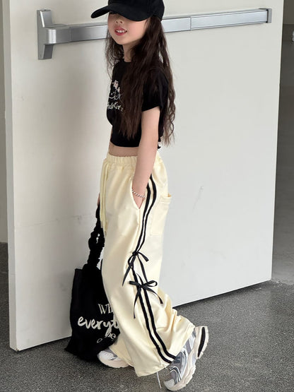 Ribbon Side Stripe Wide Pants サイドリボン ワイドパンツ【mh0013068】 mamahalo kids ロングパンツ・スウェットパンツ