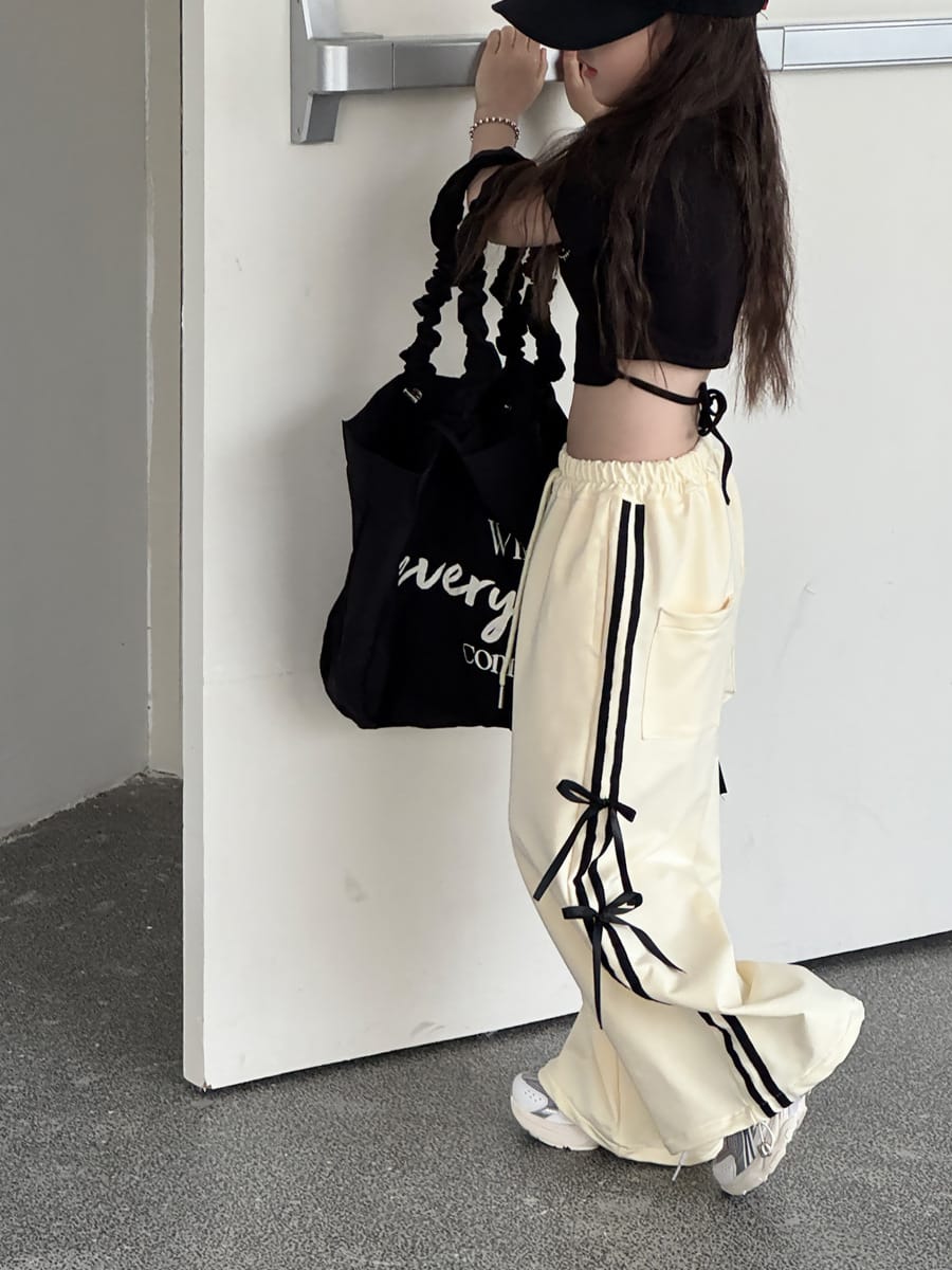 Ribbon Side Stripe Wide Pants サイドリボン ワイドパンツ【mh0013068】 mamahalo kids ロングパンツ・スウェットパンツ