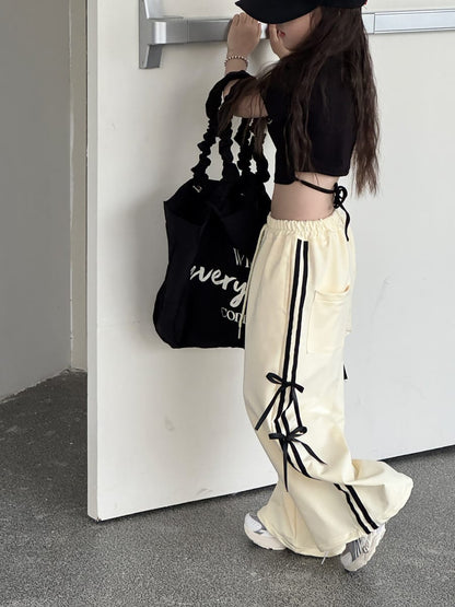 Ribbon Side Stripe Wide Pants サイドリボン ワイドパンツ【mh0013068】 mamahalo kids ロングパンツ・スウェットパンツ