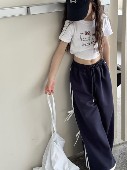 Ribbon Side Stripe Wide Pants サイドリボン ワイドパンツ【mh0013068】 mamahalo kids ロングパンツ・スウェットパンツ