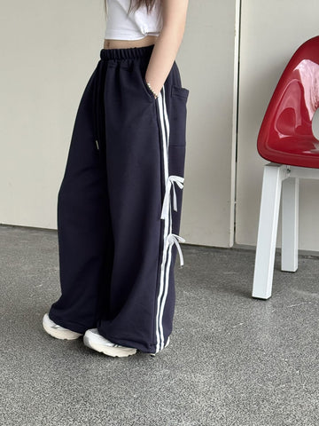 Ribbon Side Stripe Wide Pants サイドリボン ワイドパンツ【mh0013068】 Navy / 100cm mamahalo kids ロングパンツ・スウェットパンツ