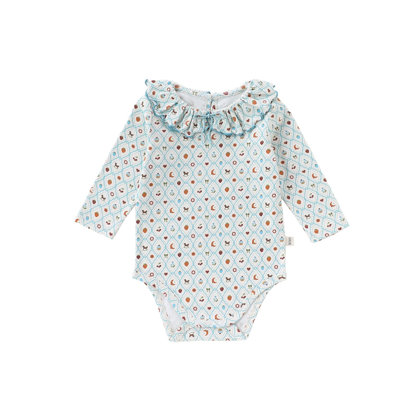 Ruffle Collar Printed Romper フリル襟 長袖ロンパース【mh0012344】 66cm / Green diamond fruit fun mamahalo shop